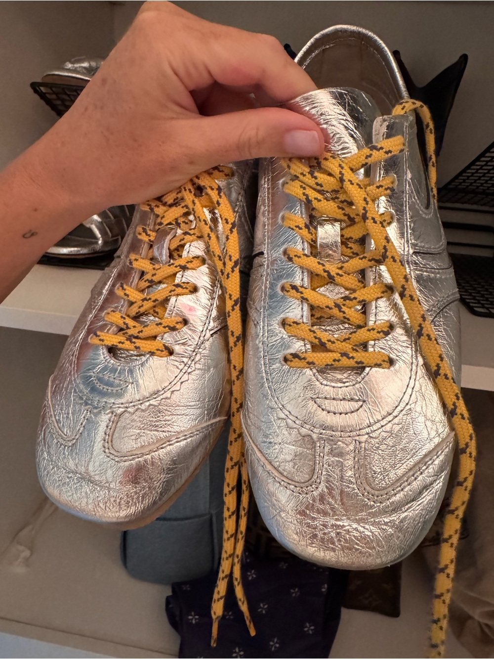 Dries Van Noten Silver Leather Sneakers with Yellow/Black Laces